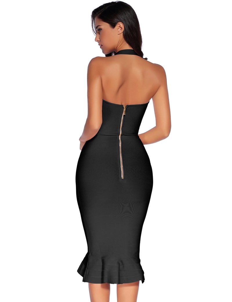 Meilun Womens Halter Fishtail Bandage Party Dress Elegant Wedding Guest Dress(Black,XL) - Image 3